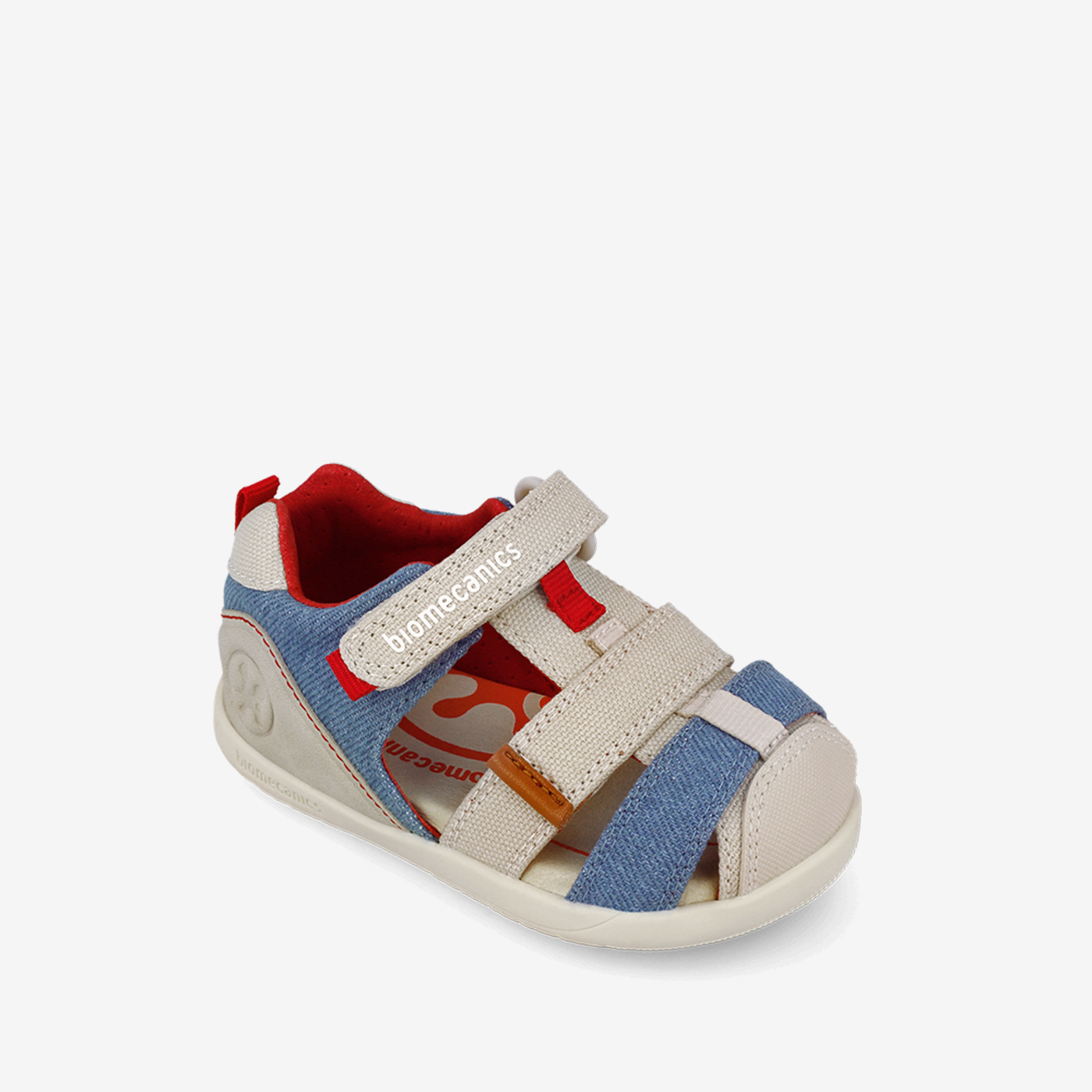 Sandalias respetuosa en color beige con azul, puntera reforzada.