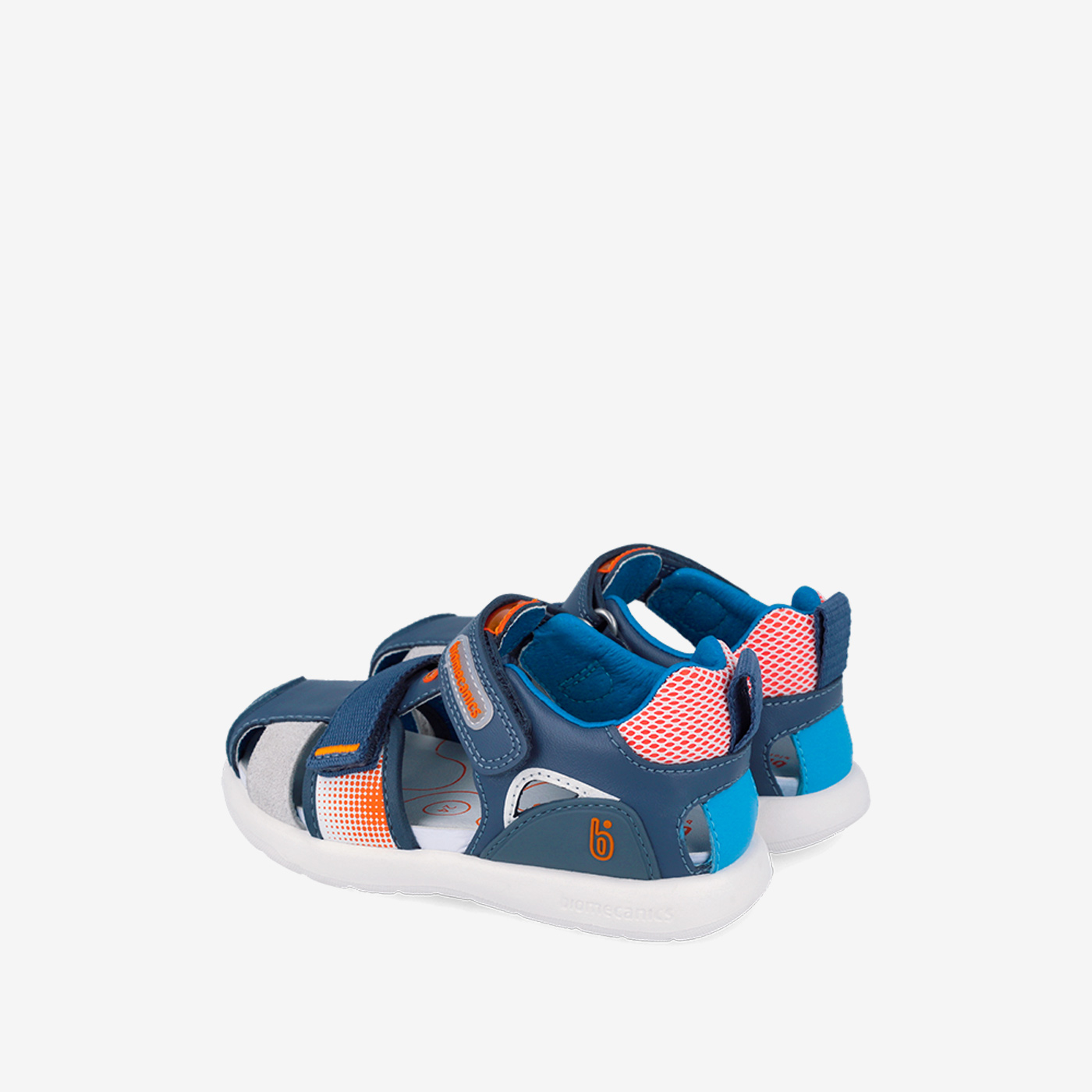 Sandalia azul combinada en beige y naranja con puntera reforzada