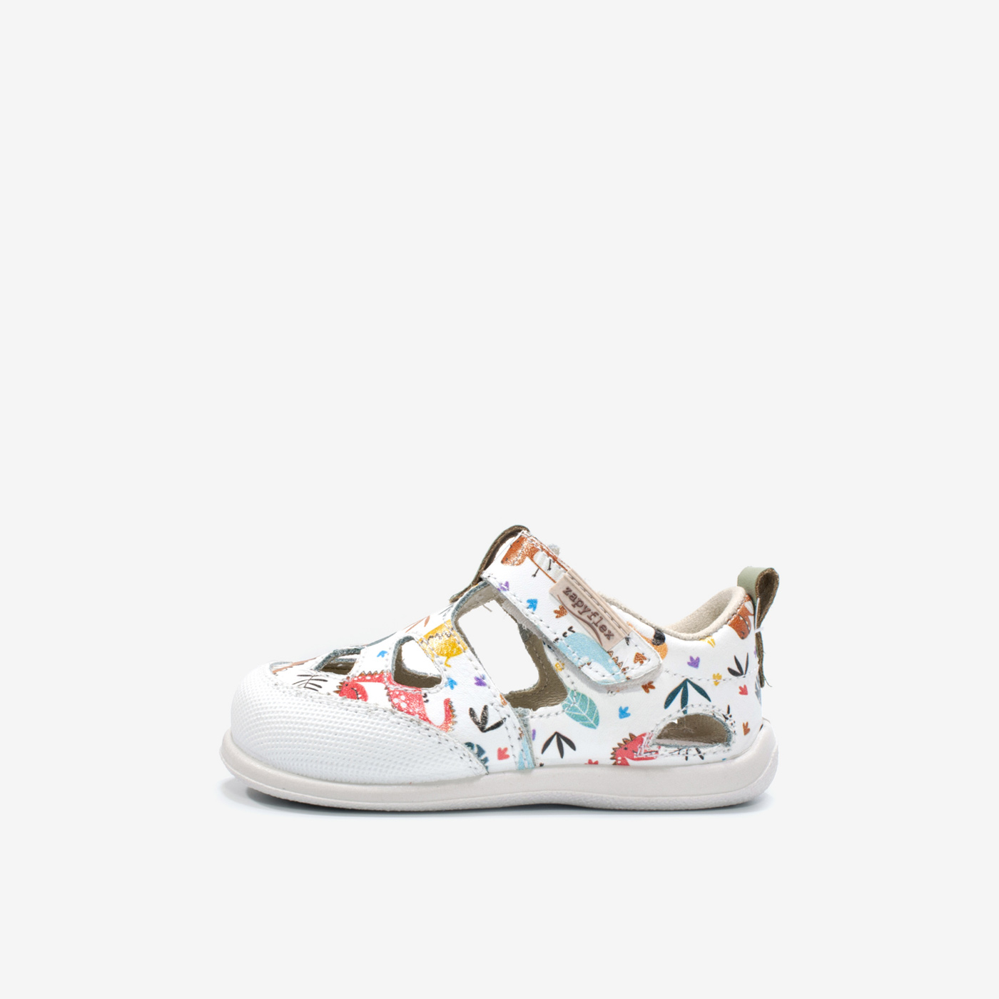 Sandalia de niño con puntera reforzada en color blanco con dibujos de dinosaurios de Piruflex