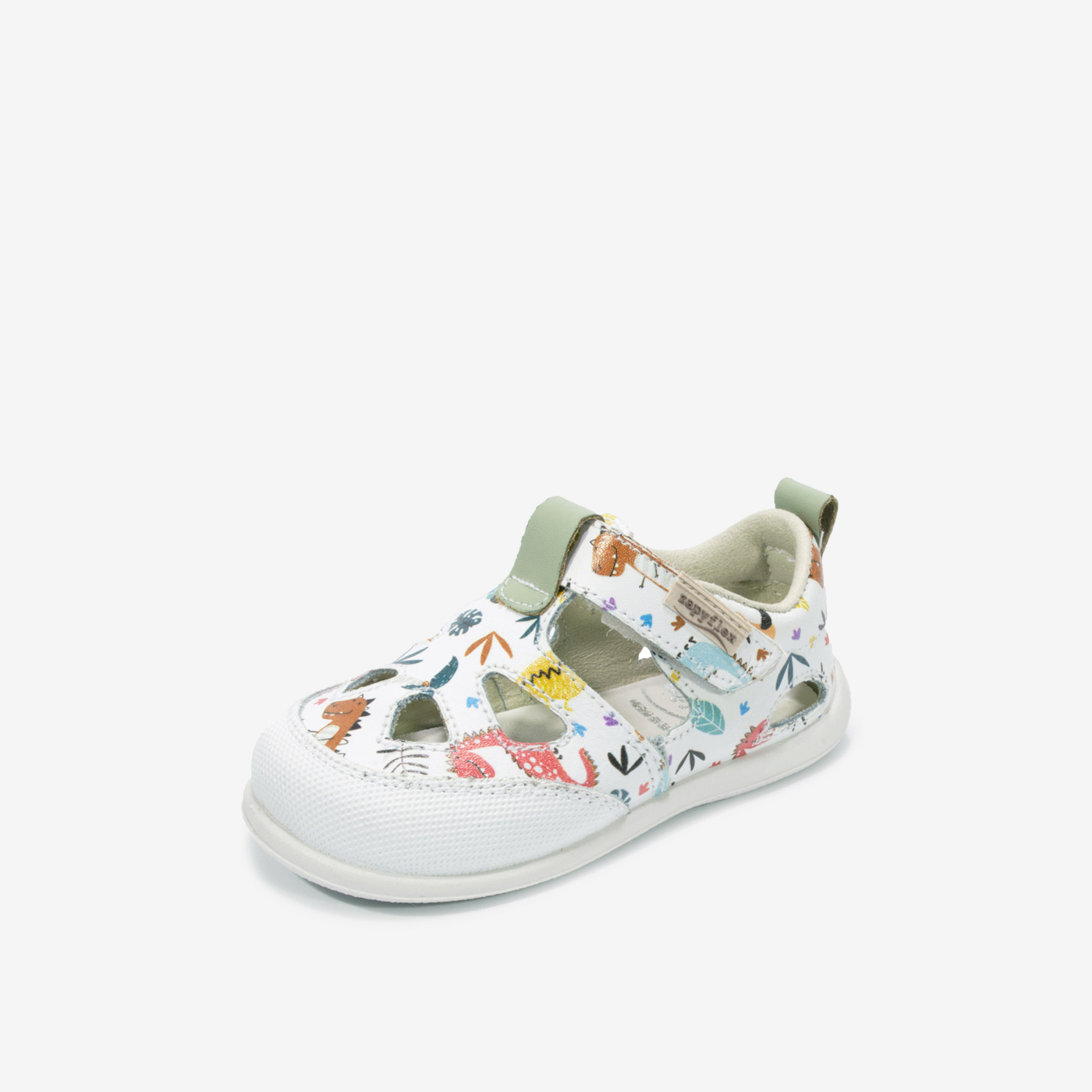 Sandalia de niño con puntera reforzada en color blanco con dibujos de dinosaurios de Piruflex