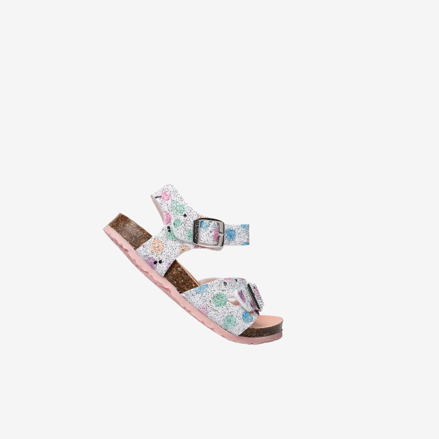 Sandalia con doble hebilla en blanco y adornos de colores