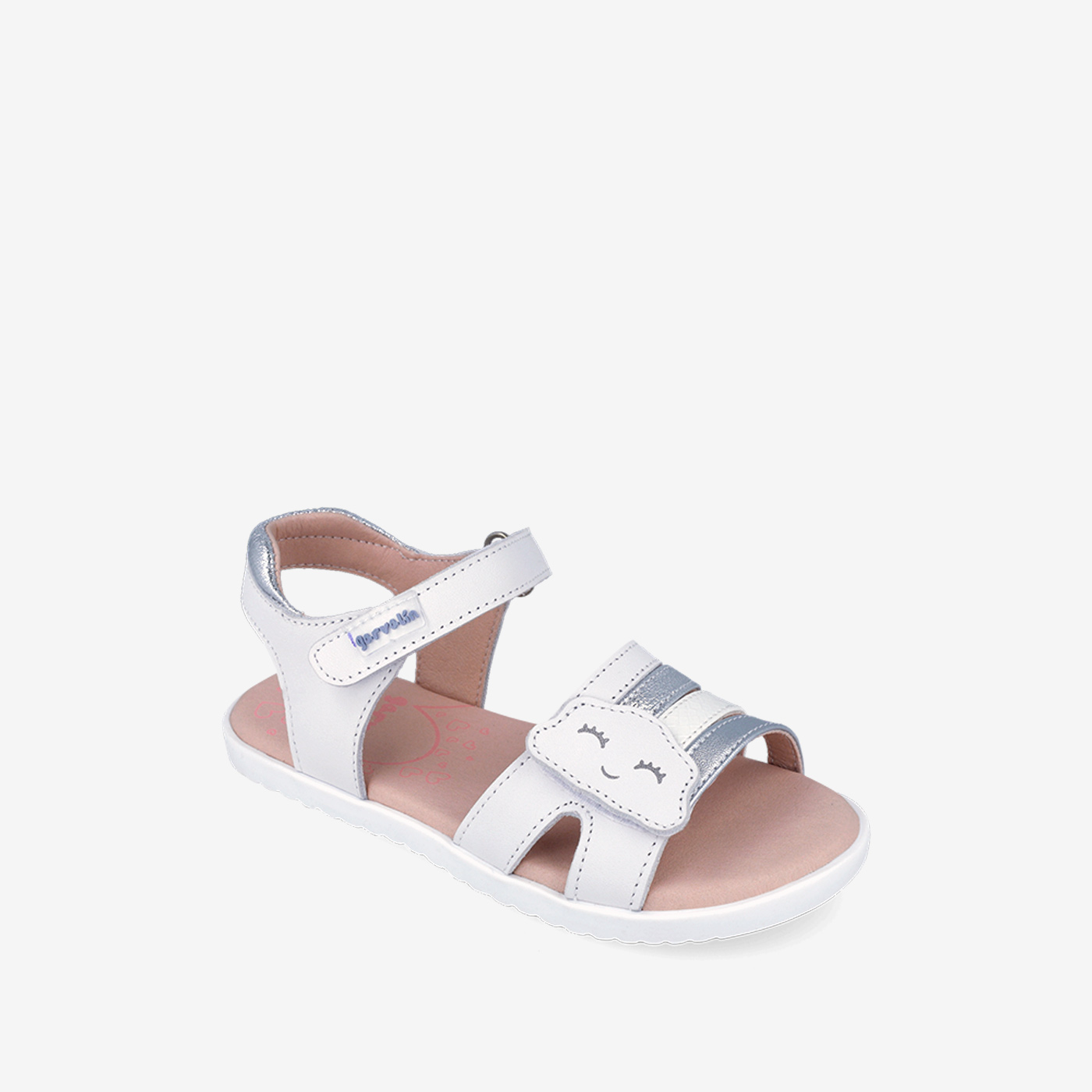 Sandalia respetuosa en blanco y plata respetuosa, de la linea Garvalin