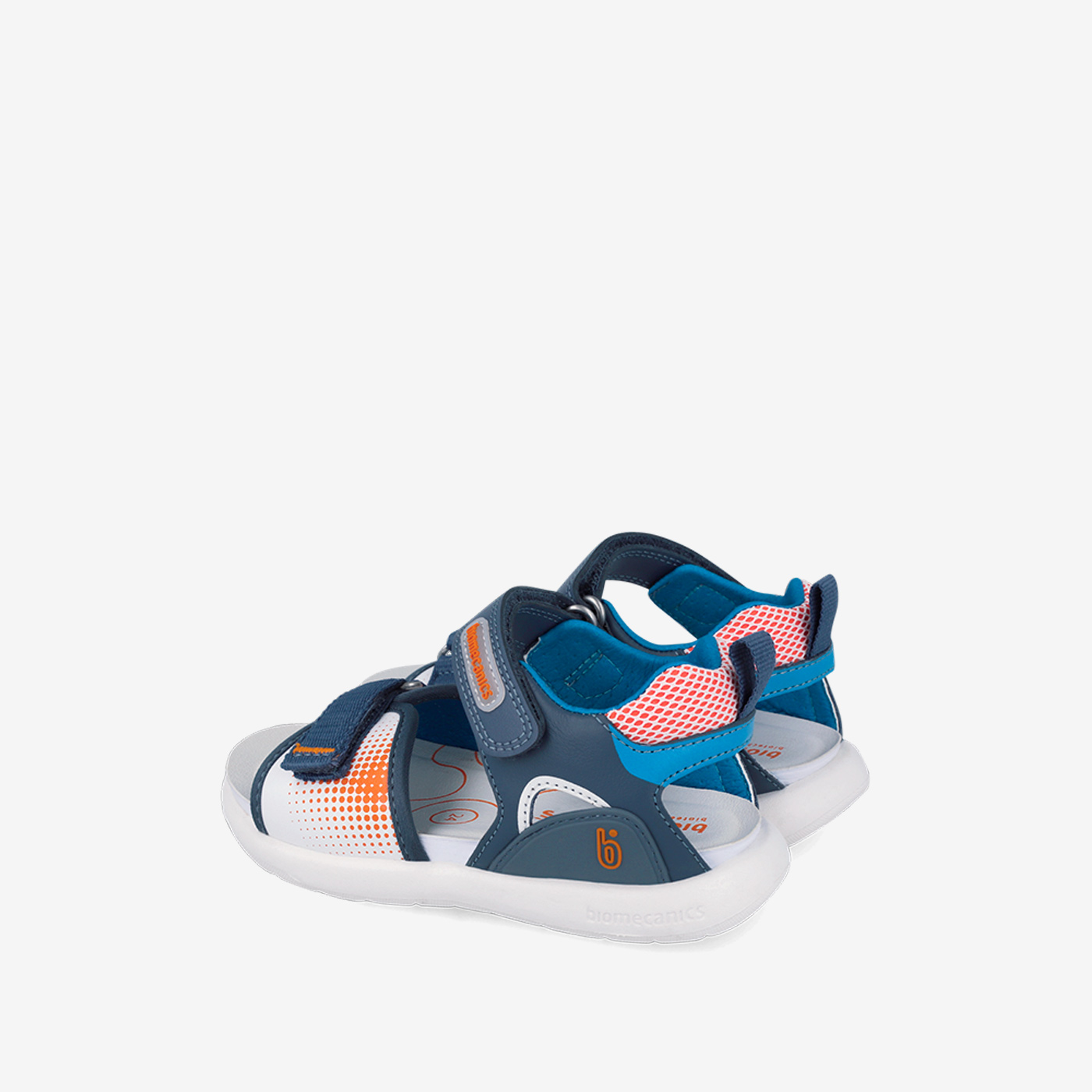 Sandalia con doble velcro en tonos azul, blanco y naranja de Biomecanics.