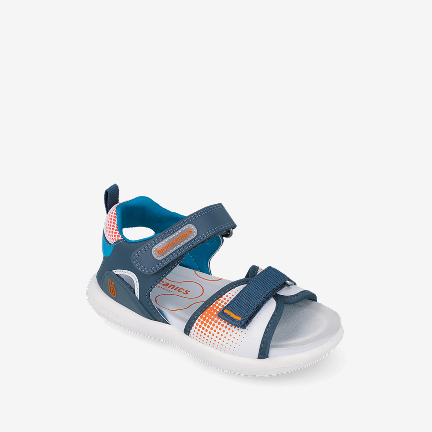 Sandalia con doble velcro en tonos azul, blanco y naranja de Biomecanics.